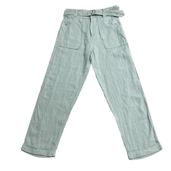 TAHARI PANTS 100% LINEN WOMENS M SAGE GREEN BEACH LAGENLOOK BELT ELASTIC COASTAL - Picture 1 of 10